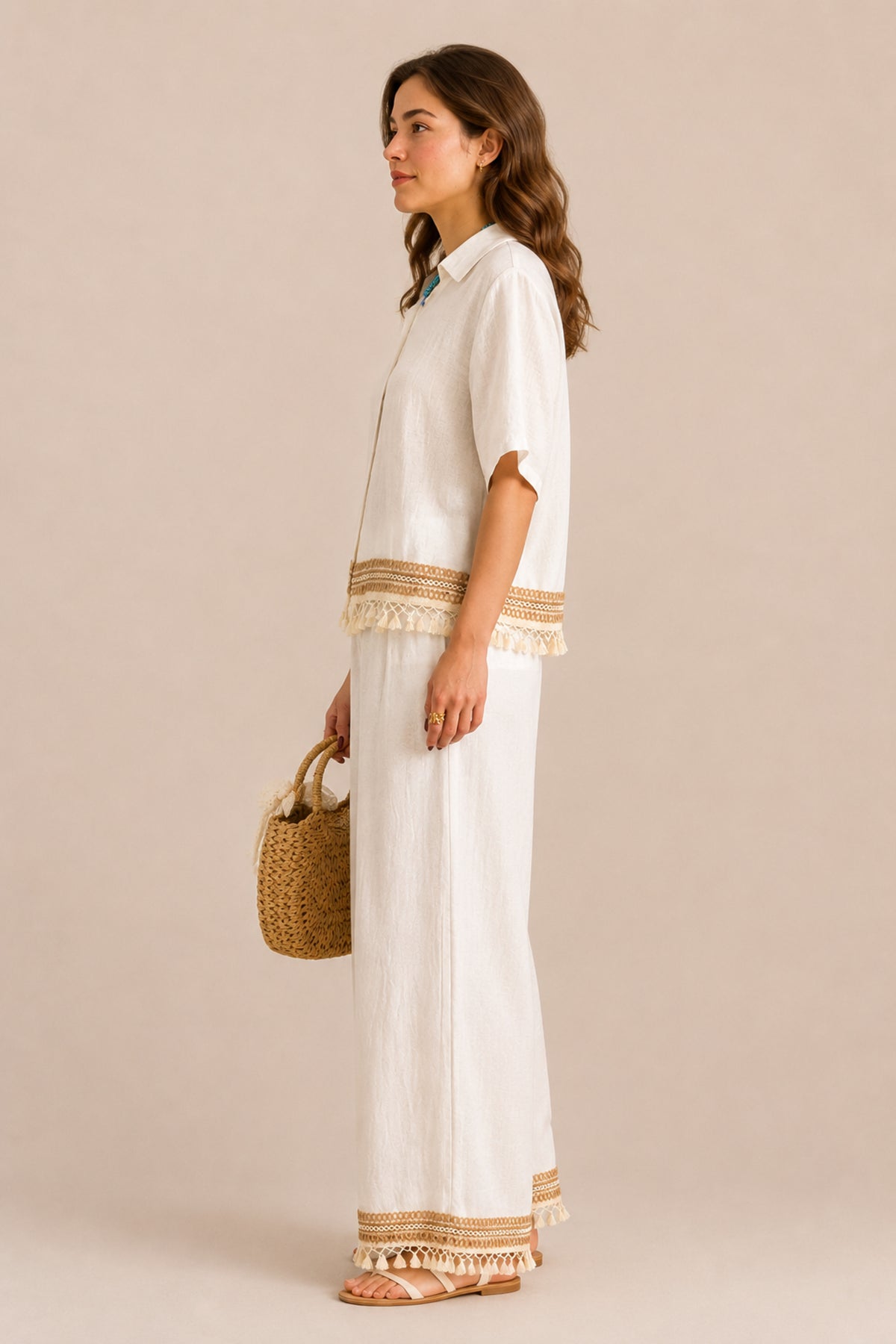 Tassel Trim Co-Ord Set Relaxed Shirt & Wide Leg Trousers