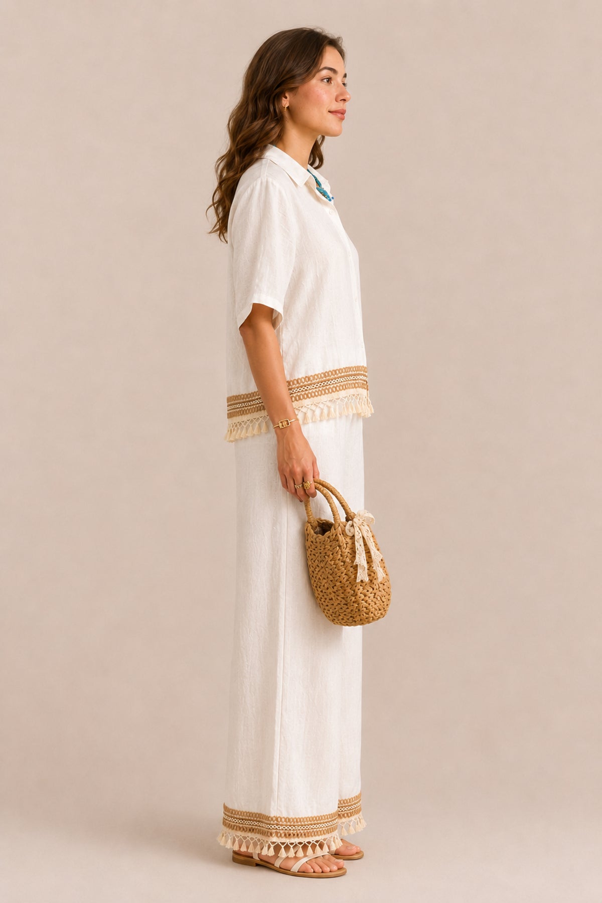 Tassel Trim Co-Ord Set Relaxed Shirt & Wide Leg Trousers