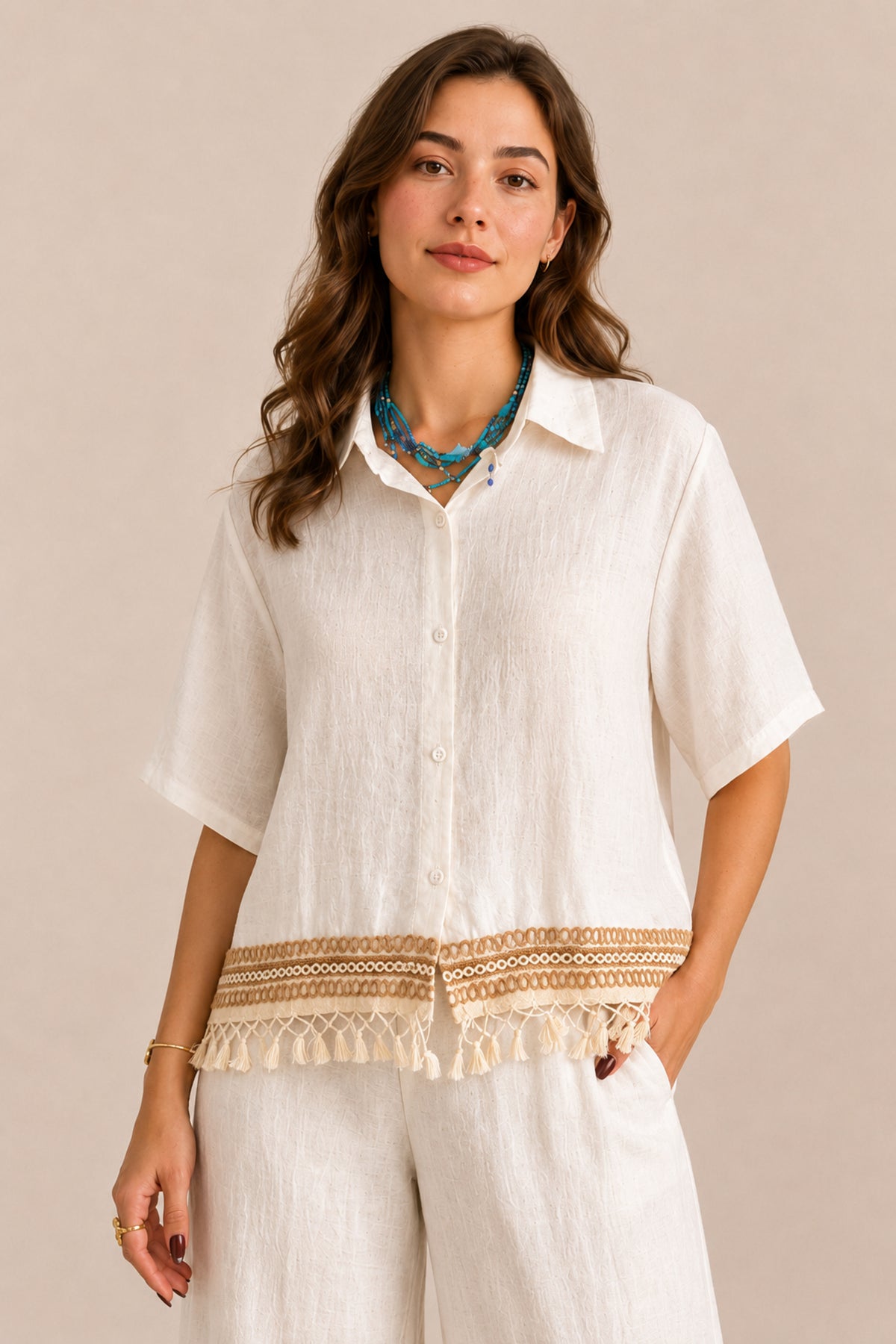 Tassel Trim Co-Ord Set Relaxed Shirt & Wide Leg Trousers