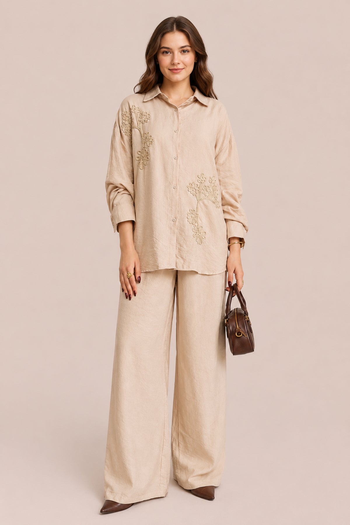 Embroidered Co-Ord Set Relaxed Shirt & Wide Leg Trousers