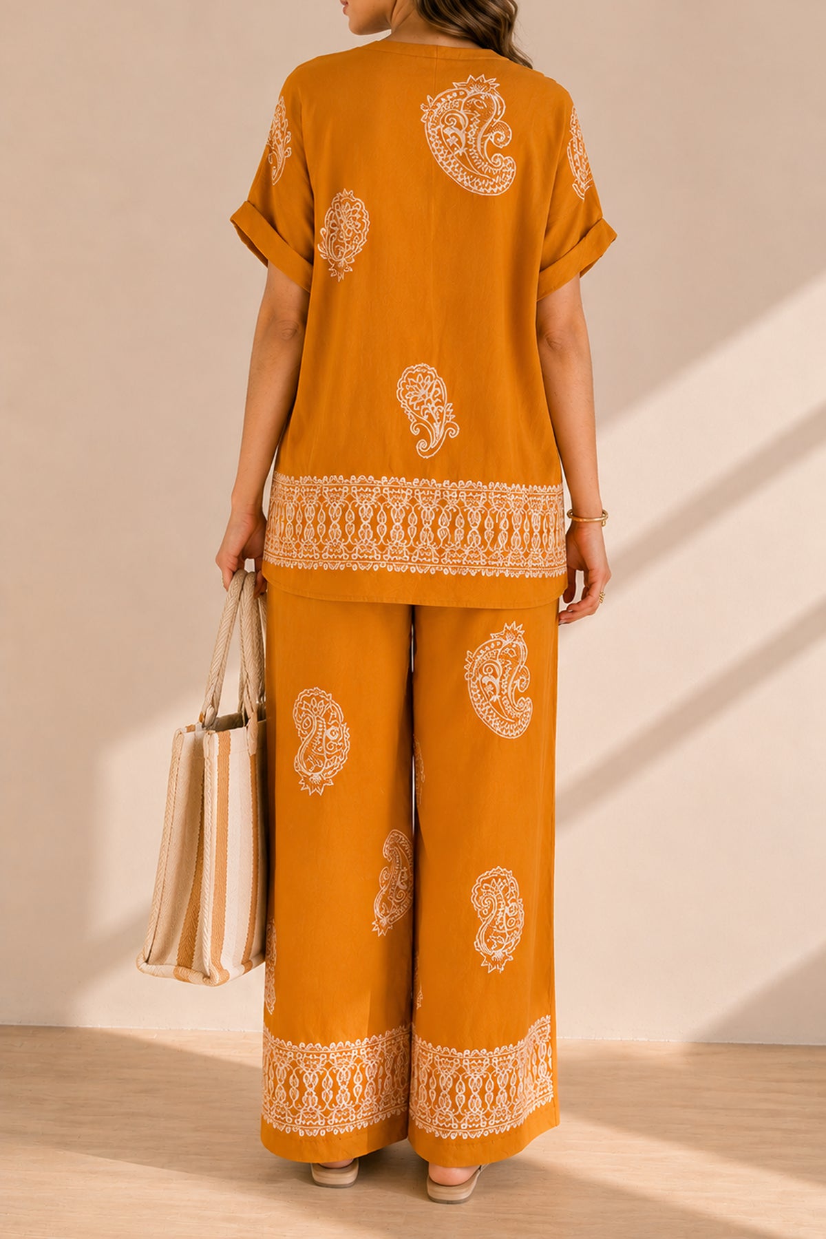 Paisley Print V-Neck Top & Wide Leg Trouser Summer Co-ord Set