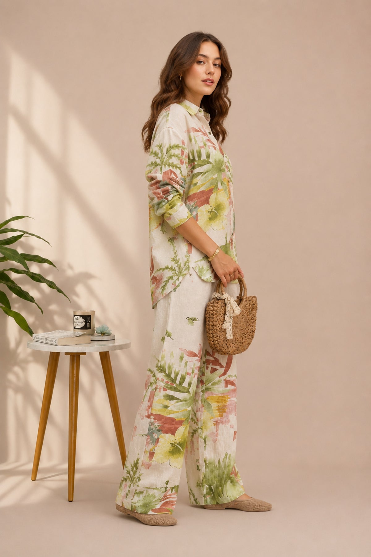 Floral Print Co-Ord Set Relaxed Shirt & Wide Leg Trousers