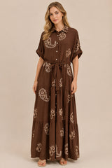 Embroidered Paisley Tiered Maxi Shirt Dress with Tie Waist