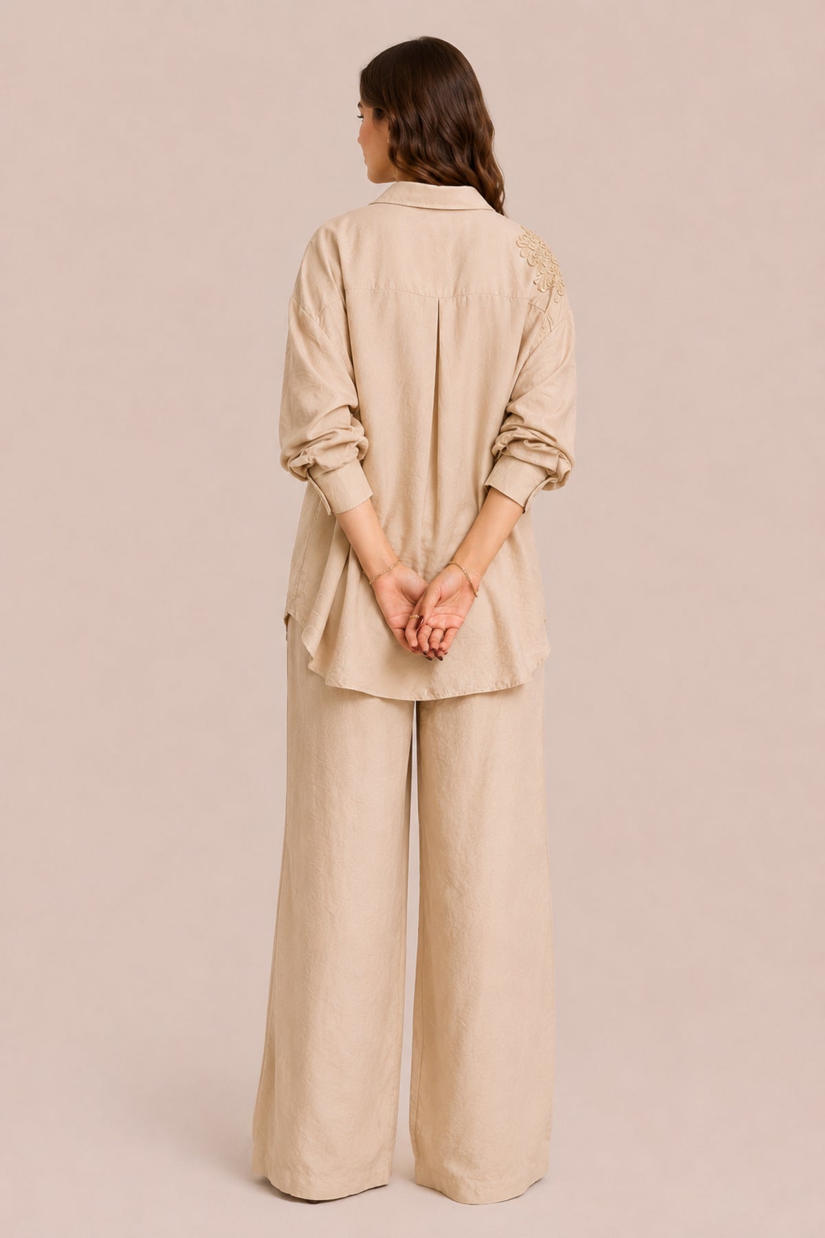 Embroidered Co-Ord Set Relaxed Shirt & Wide Leg Trousers