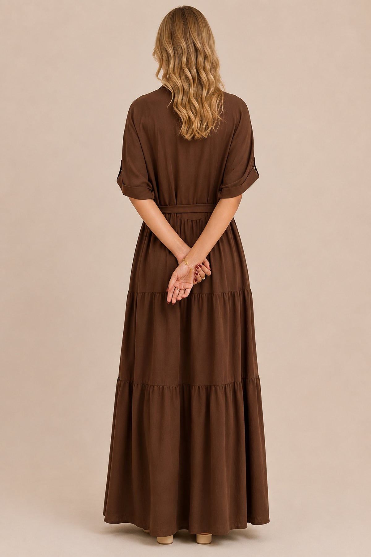 Embroidered Paisley Tiered Maxi Shirt Dress with Tie Waist
