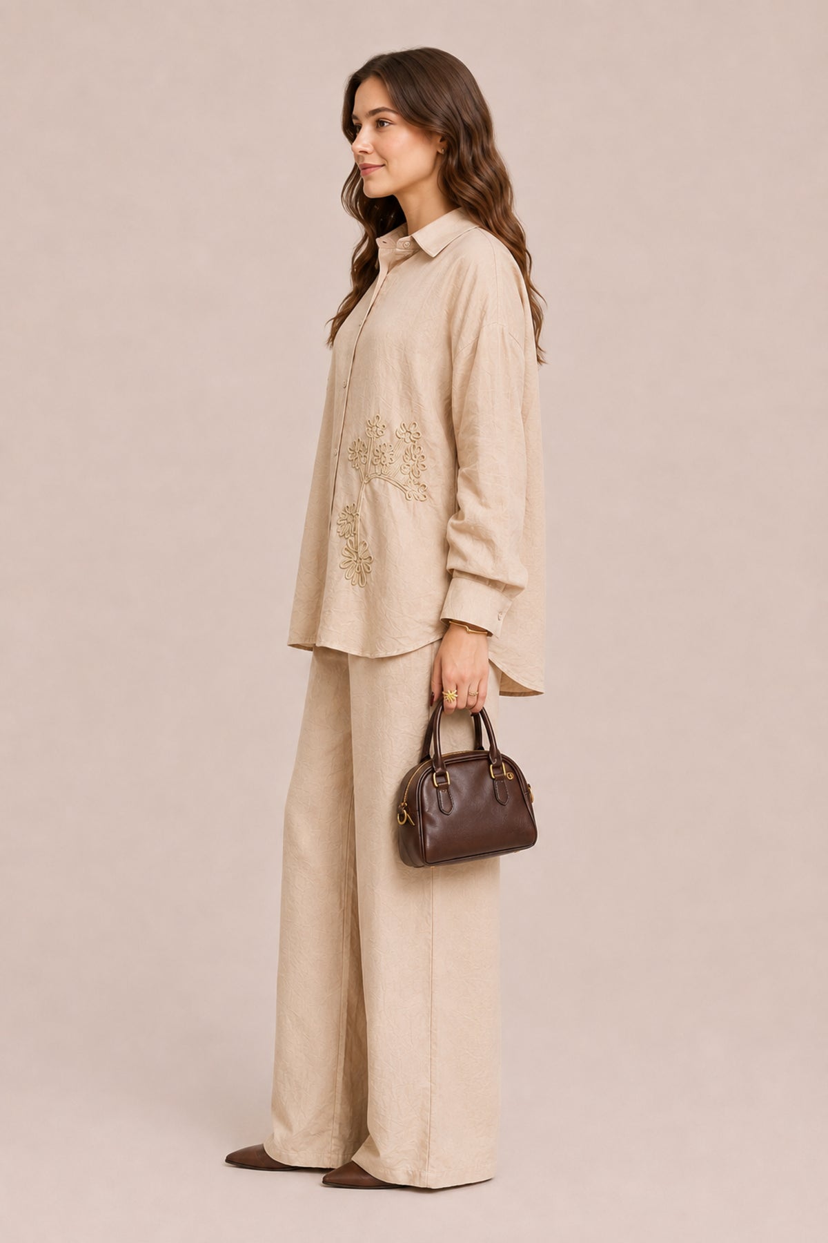 Embroidered Co-Ord Set Relaxed Shirt & Wide Leg Trousers