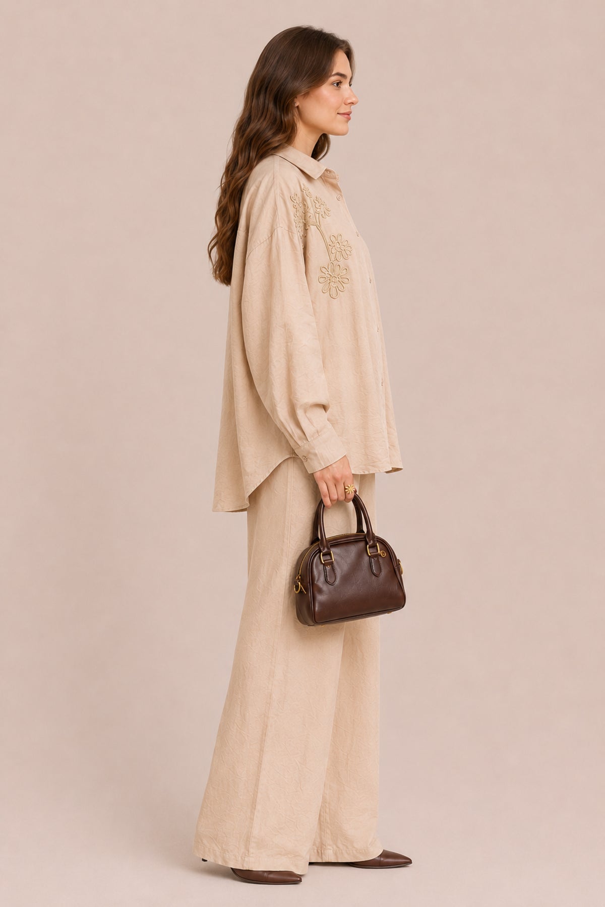 Embroidered Co-Ord Set Relaxed Shirt & Wide Leg Trousers