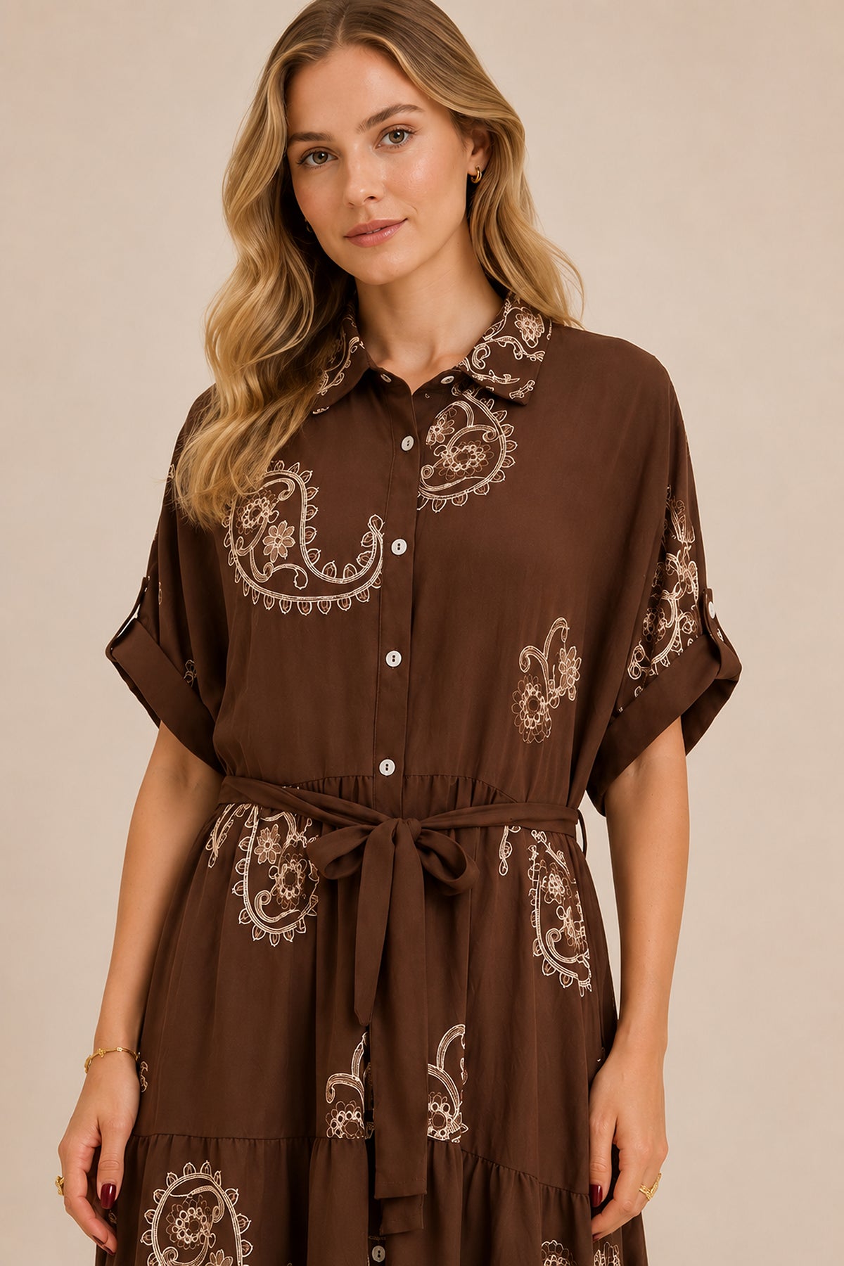 Embroidered Paisley Tiered Maxi Shirt Dress with Tie Waist