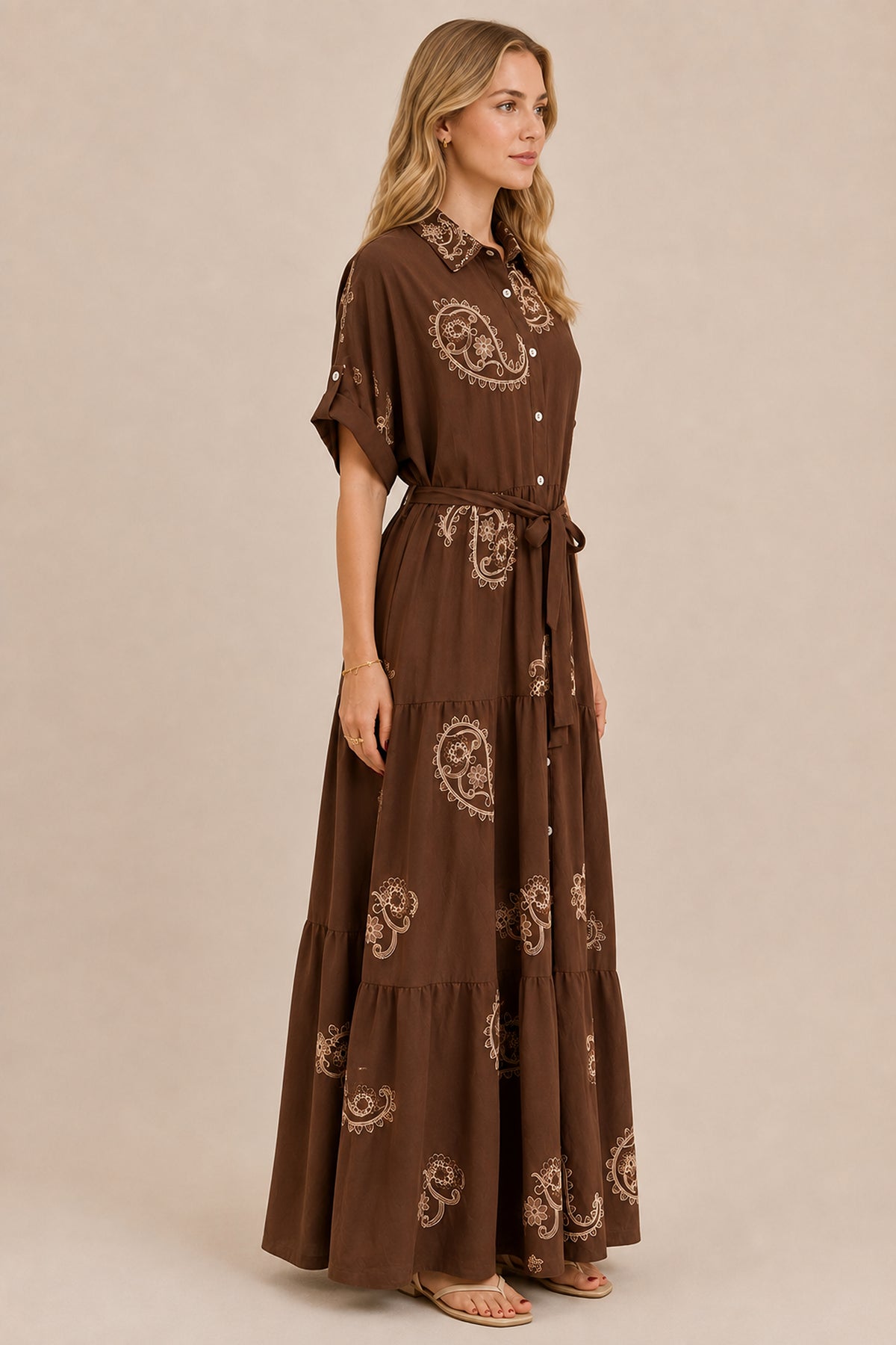 Embroidered Paisley Tiered Maxi Shirt Dress with Tie Waist