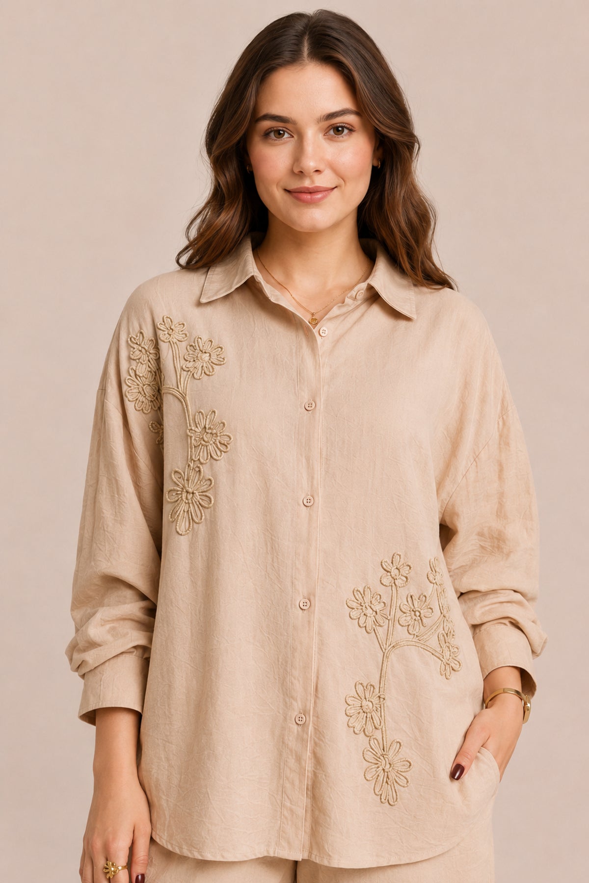 Embroidered Co-Ord Set Relaxed Shirt & Wide Leg Trousers