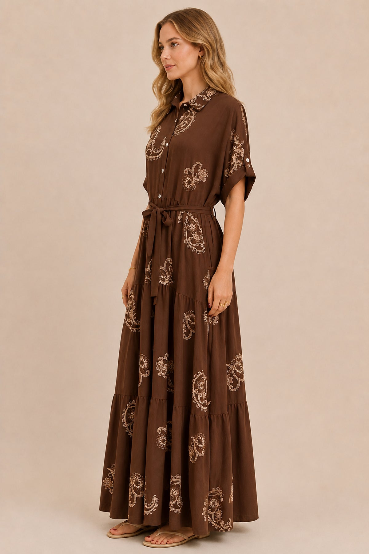 Embroidered Paisley Tiered Maxi Shirt Dress with Tie Waist