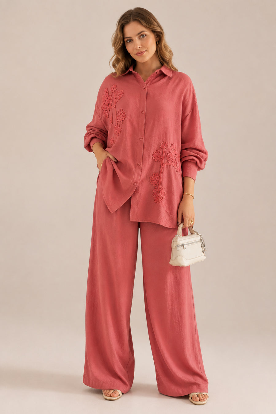 Floral Embroidered Co-Ord Set Shirt & Wide Leg Trousers