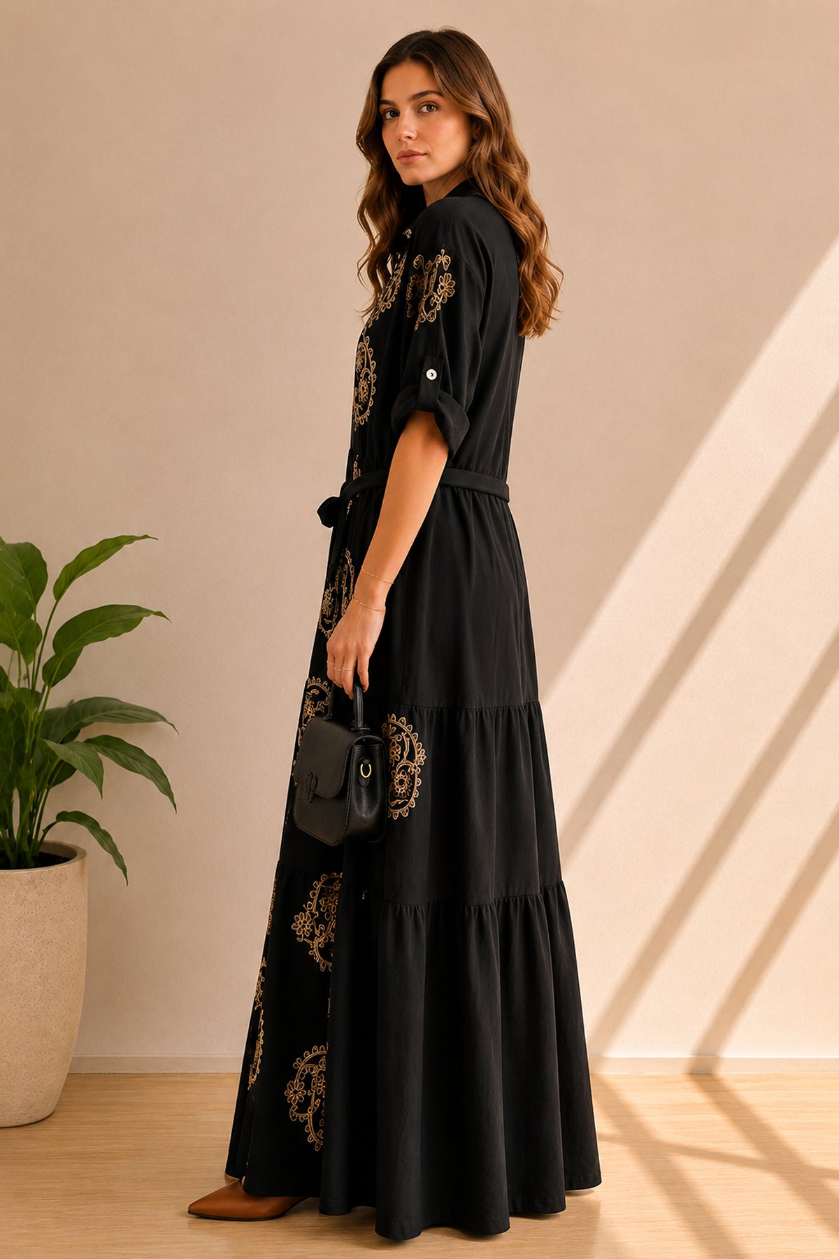 Embroidered Paisley Tiered Maxi Shirt Dress with Tie Waist