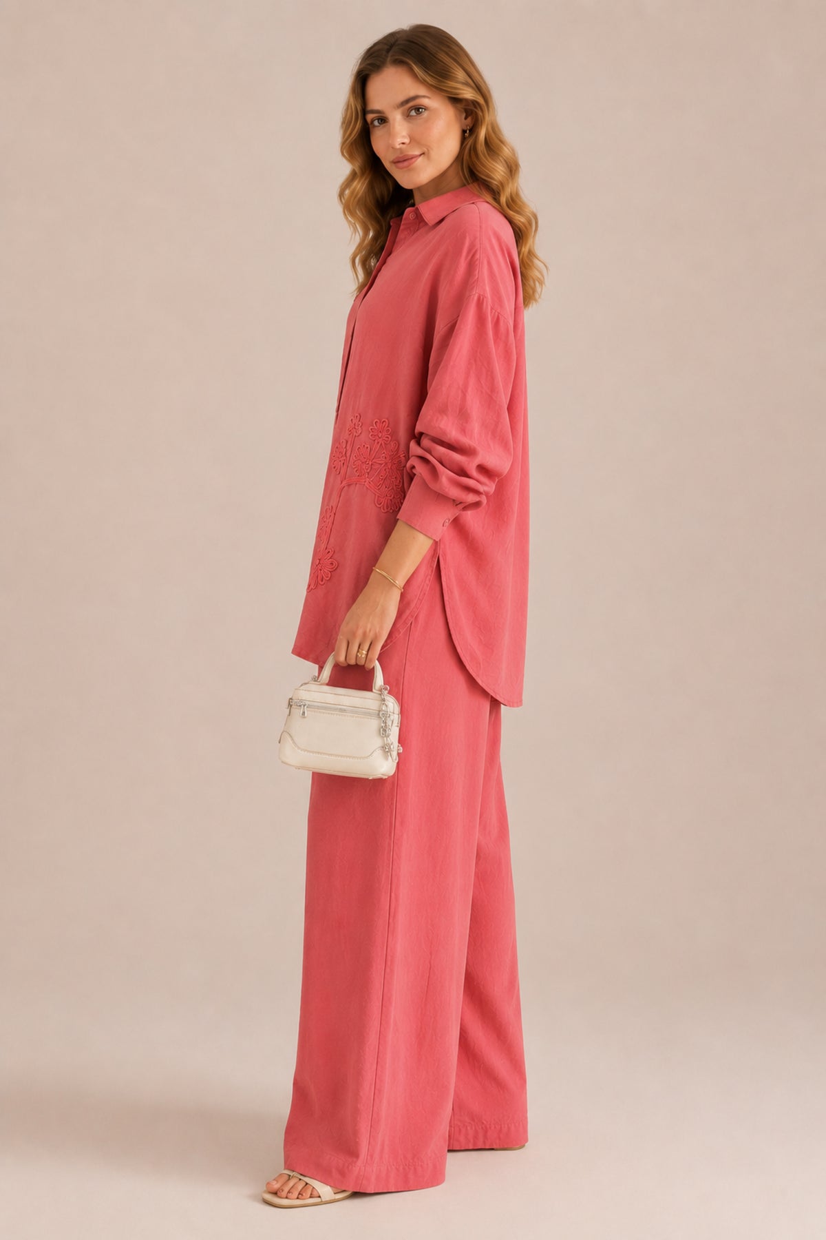 Floral Embroidered Co-Ord Set Shirt & Wide Leg Trousers