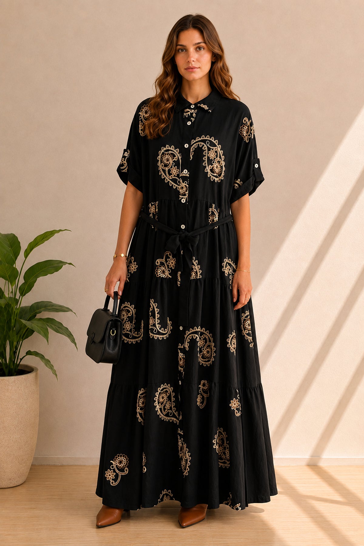 Embroidered Paisley Tiered Maxi Shirt Dress with Tie Waist