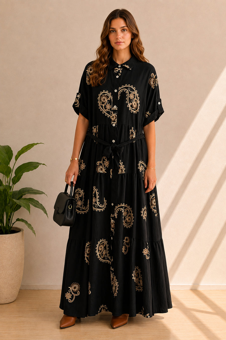Embroidered Paisley Tiered Maxi Shirt Dress with Tie Waist