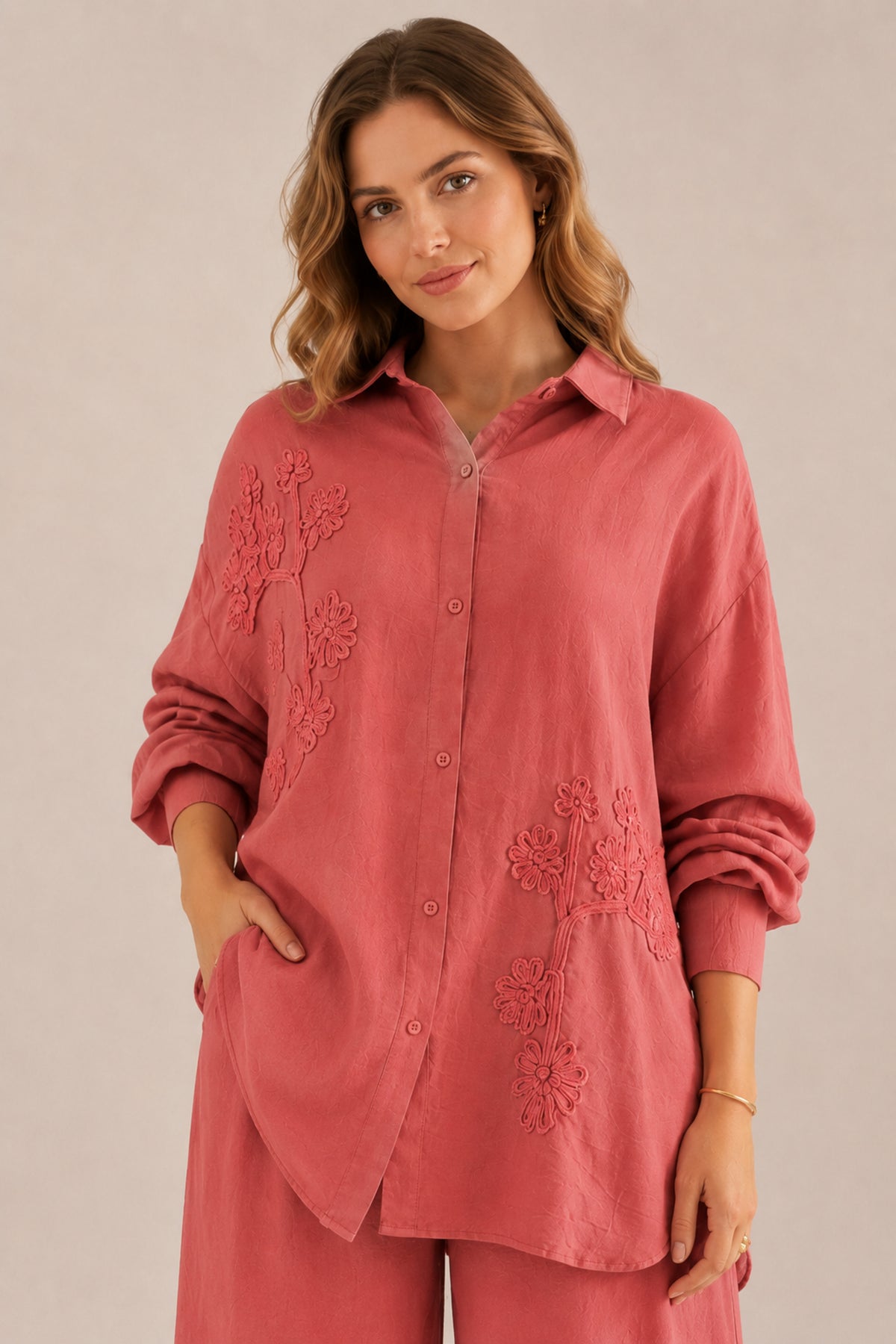Floral Embroidered Co-Ord Set Shirt & Wide Leg Trousers
