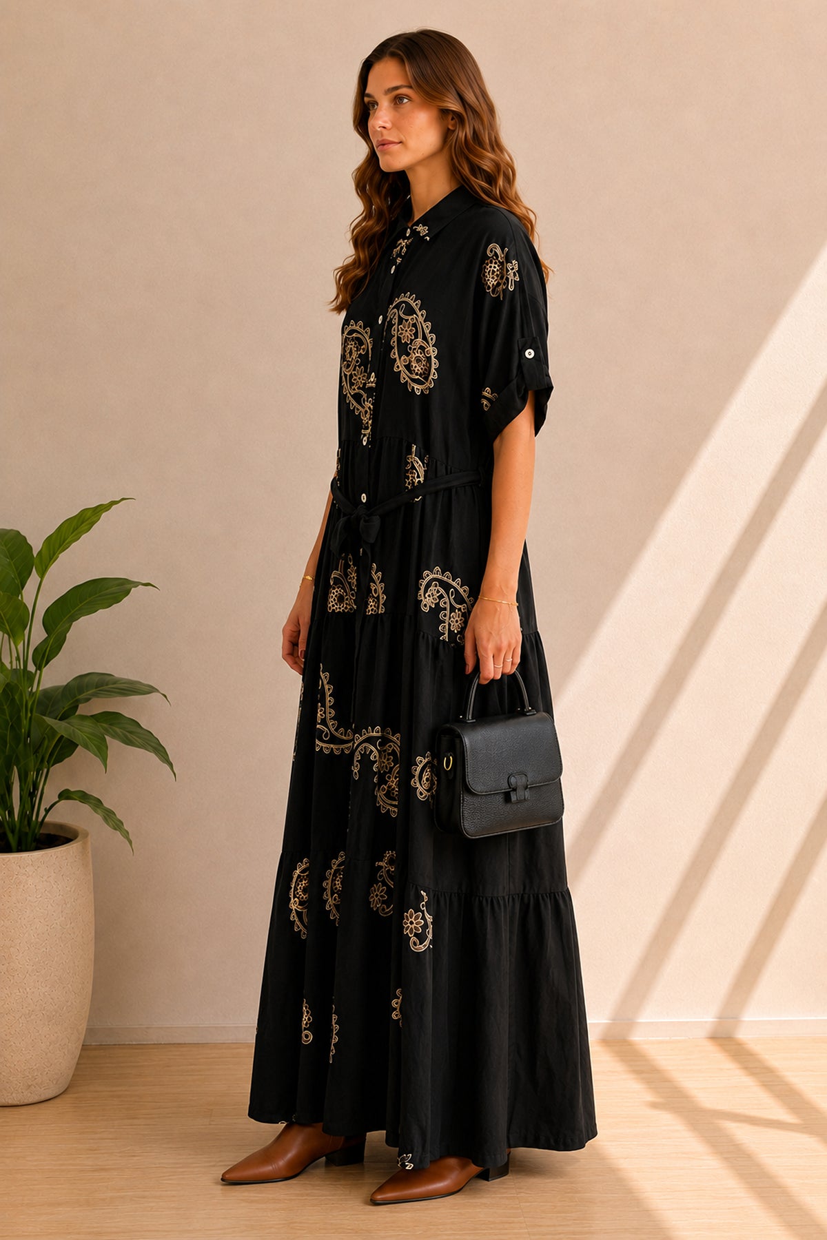 Embroidered Paisley Tiered Maxi Shirt Dress with Tie Waist