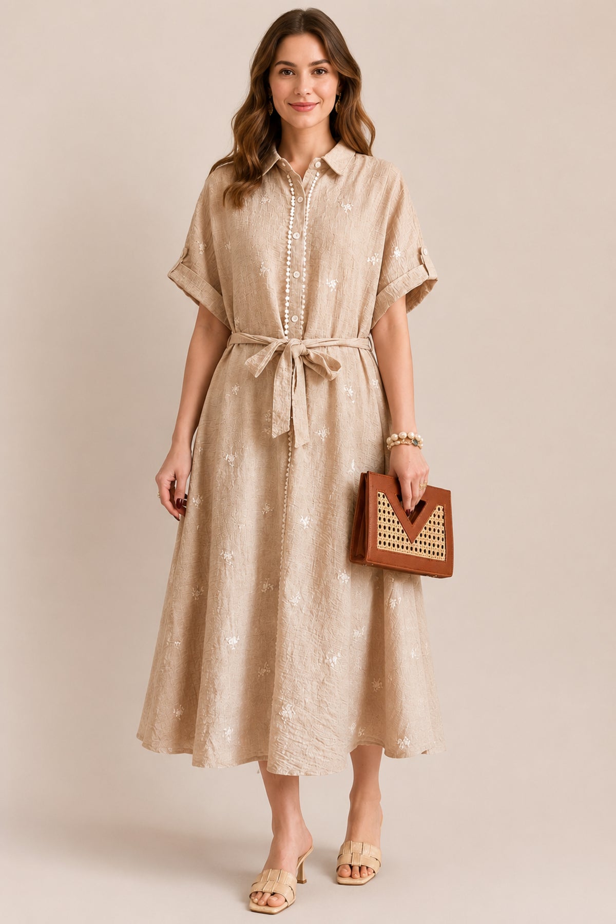 Embroidered Belted Button Front Maxi Shirt Dress