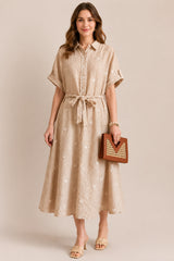 Embroidered Belted Button Front Maxi Shirt Dress
