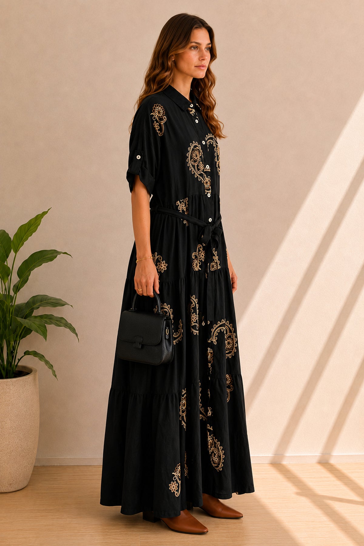 Embroidered Paisley Tiered Maxi Shirt Dress with Tie Waist