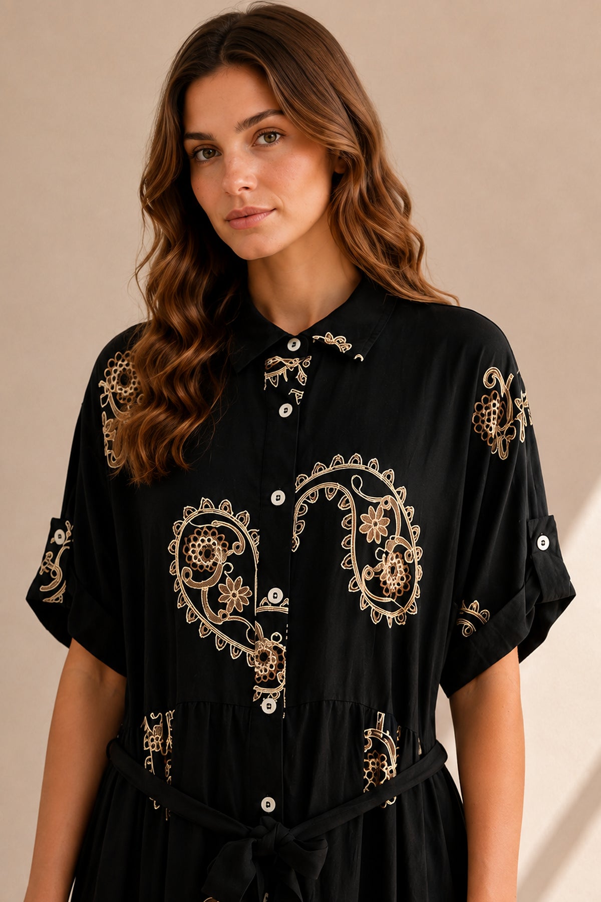 Embroidered Paisley Tiered Maxi Shirt Dress with Tie Waist