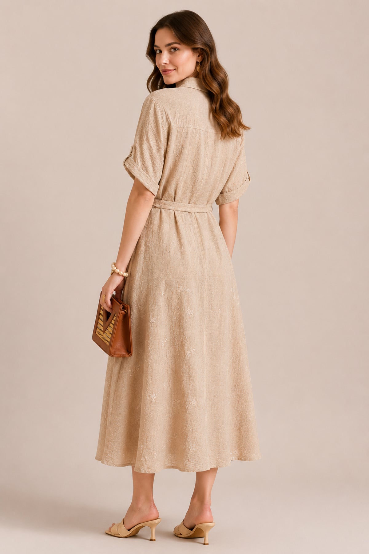 Embroidered Belted Button Front Maxi Shirt Dress