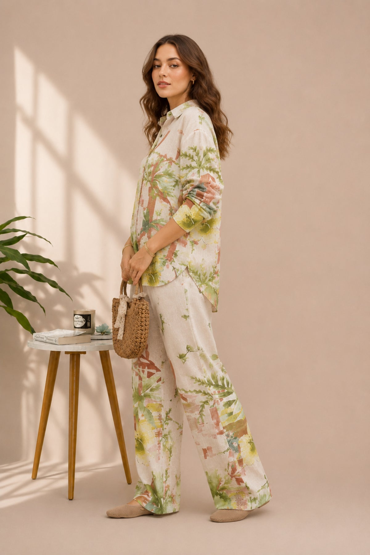 Floral Print Co-Ord Set Relaxed Shirt & Wide Leg Trousers