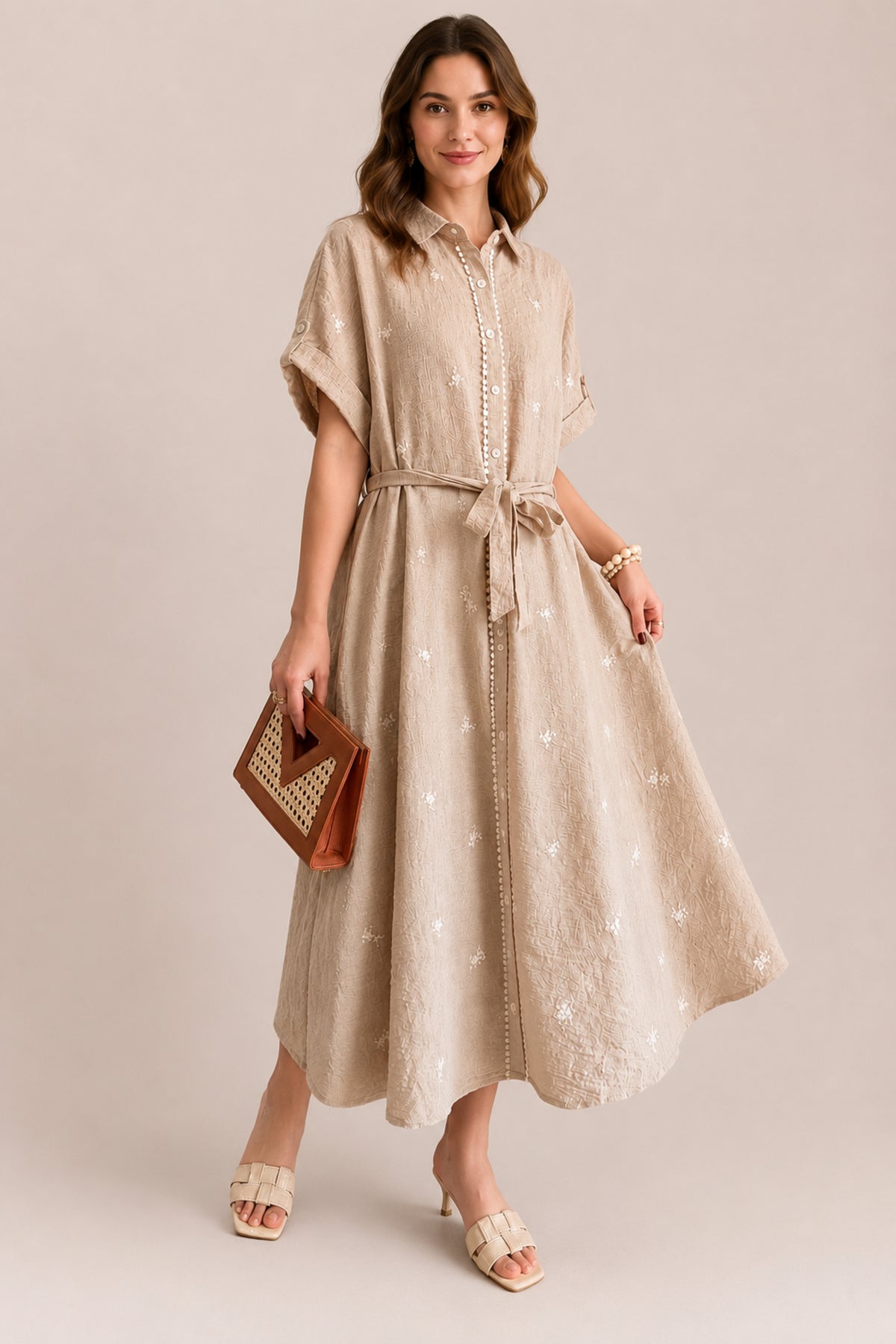 Embroidered Belted Button Front Maxi Shirt Dress