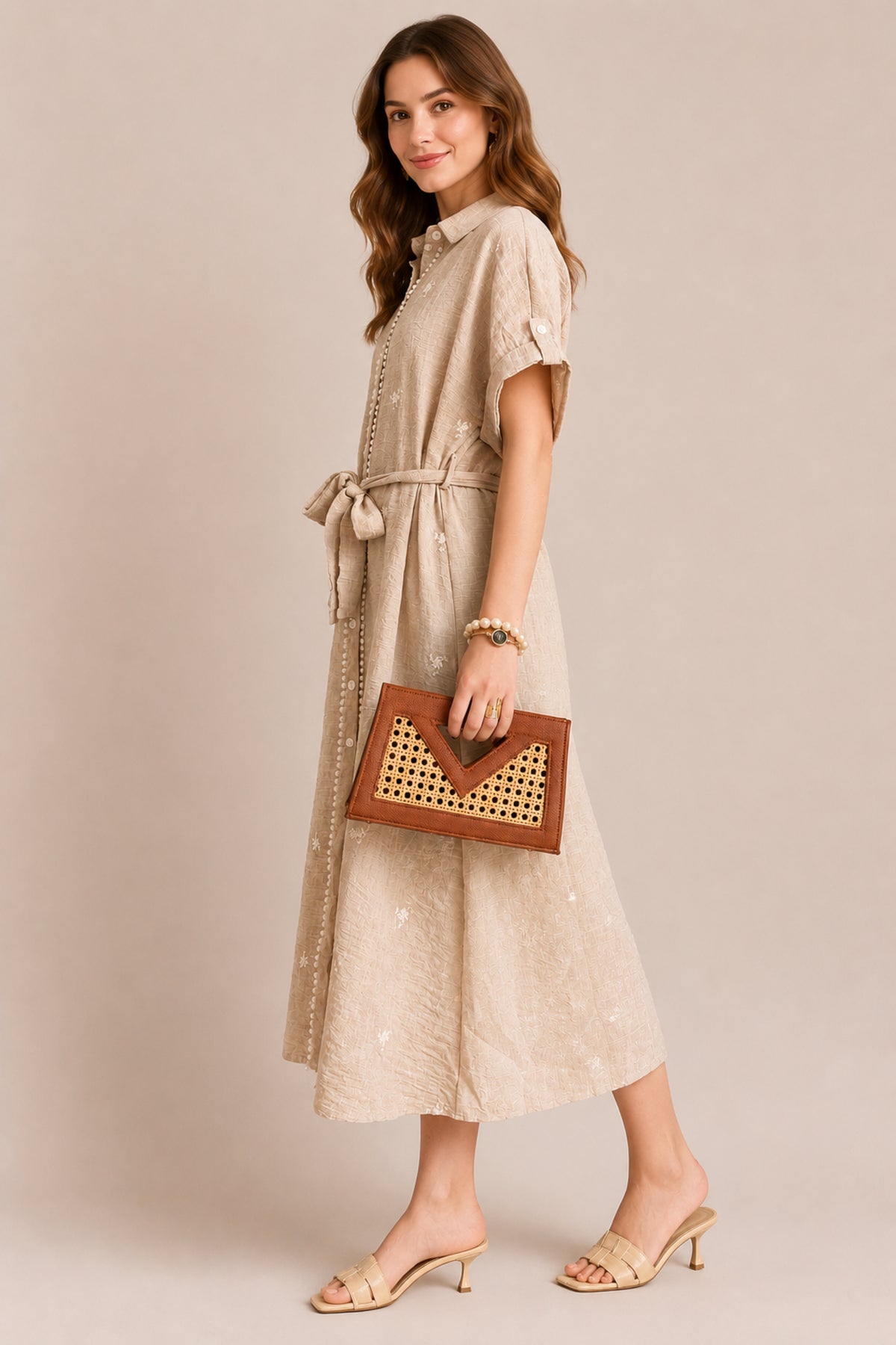 Embroidered Belted Button Front Maxi Shirt Dress