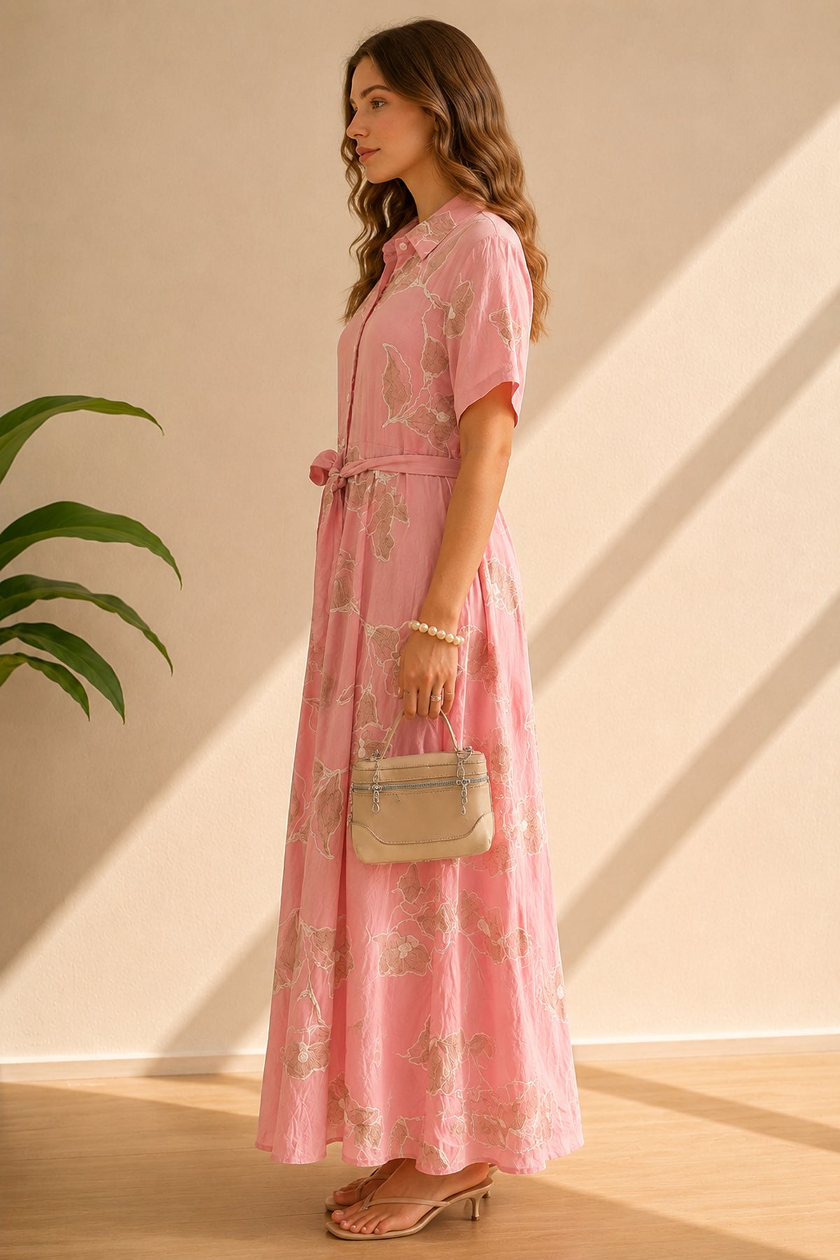 Floral Embroidered Belted Button Front Maxi Shirt Dress