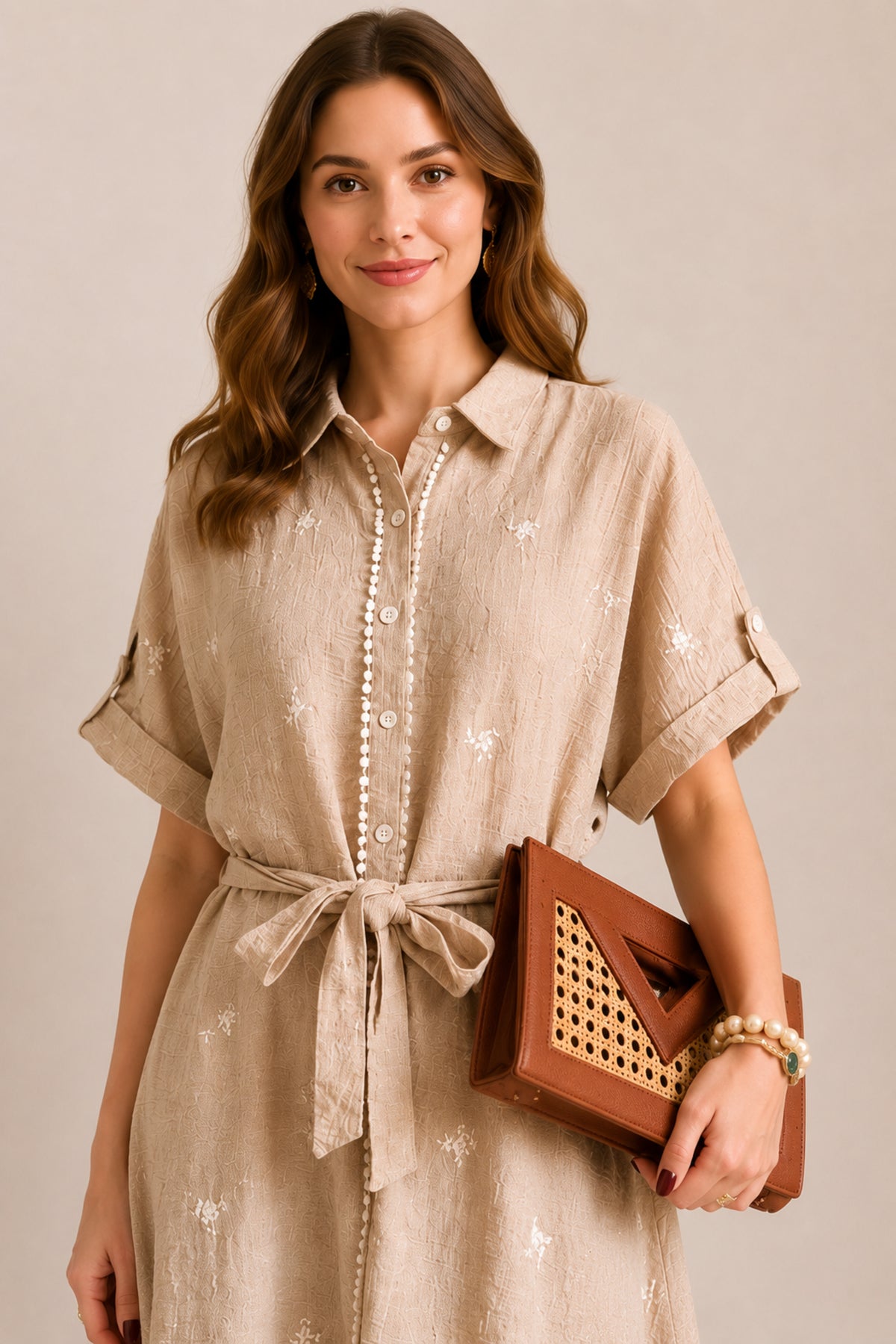 Embroidered Belted Button Front Maxi Shirt Dress