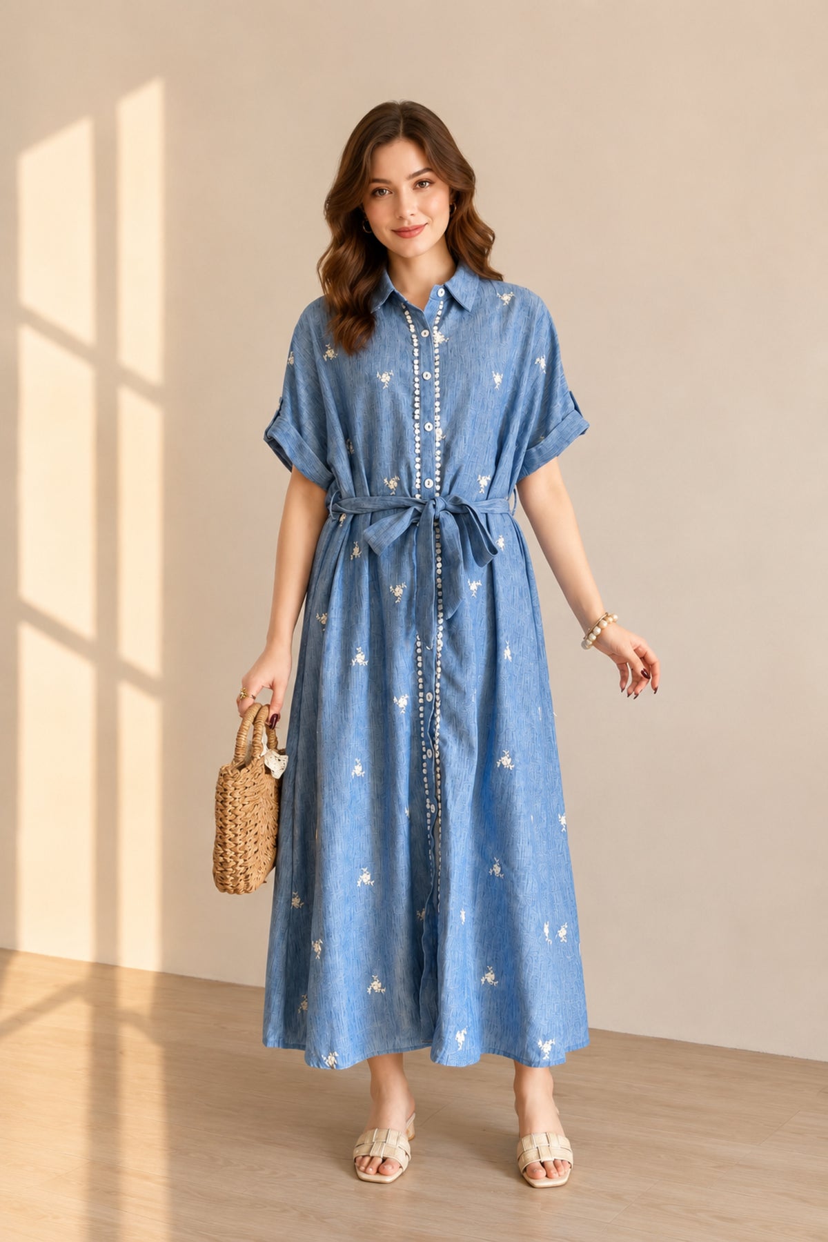 Embroidered Button Front Belted Maxi Shirt Dress