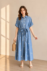 Embroidered Button Front Belted Maxi Shirt Dress