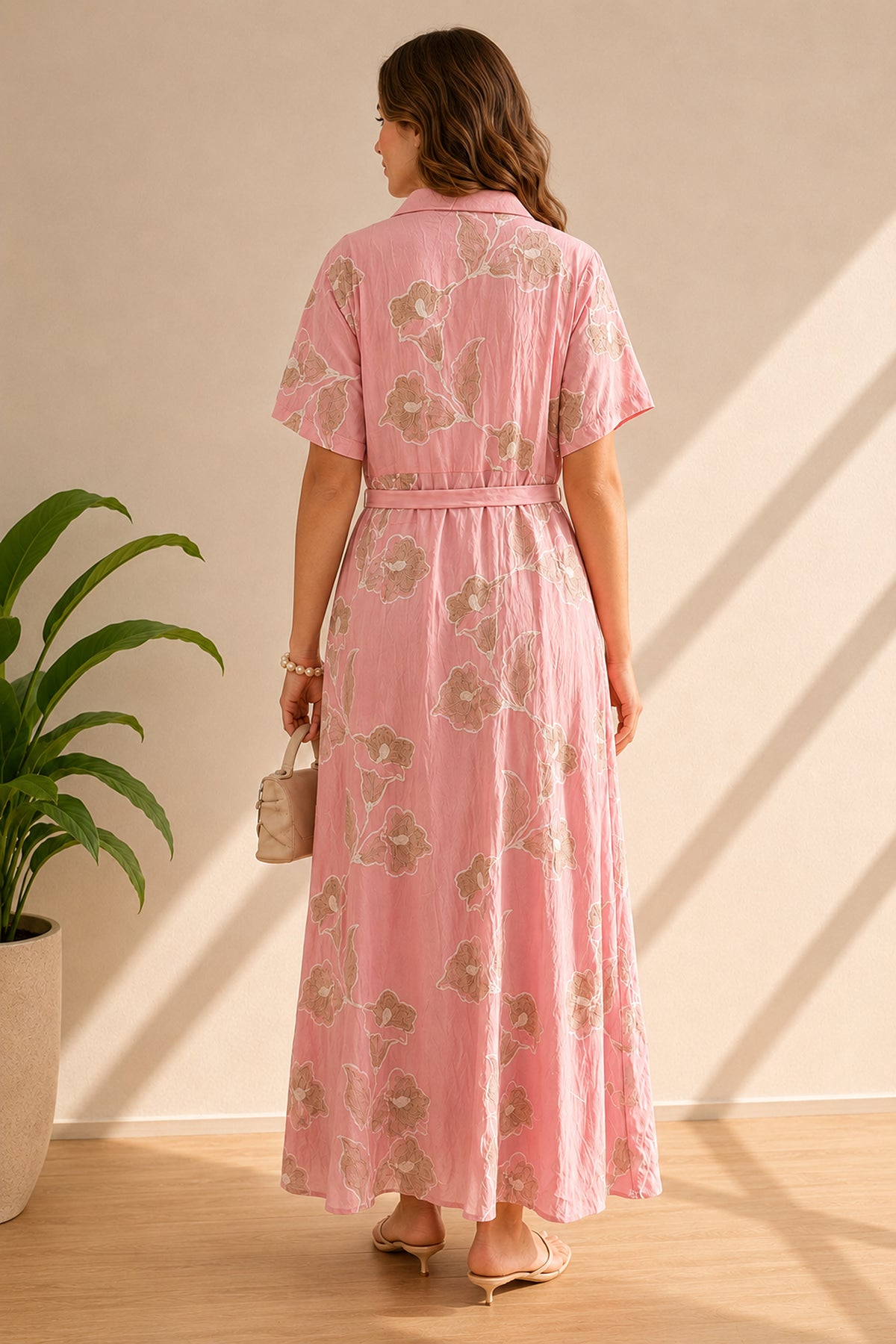 Floral Embroidered Belted Button Front Maxi Shirt Dress