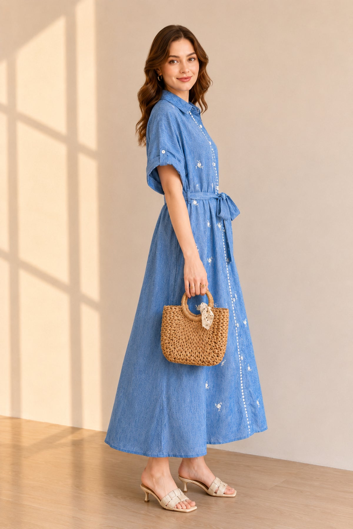 Embroidered Button Front Belted Maxi Shirt Dress