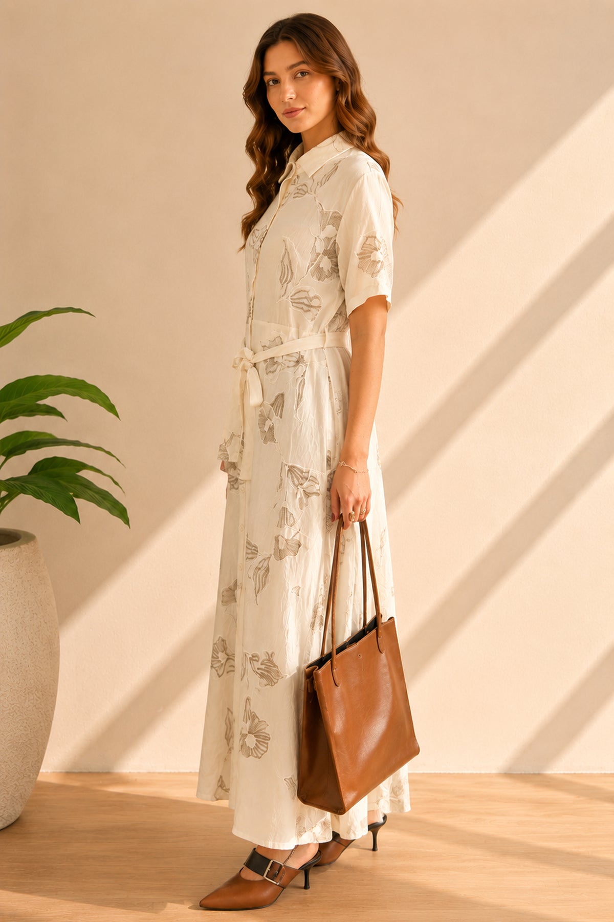 Embroidered Floral Button Front Belted Maxi Shirt Dress