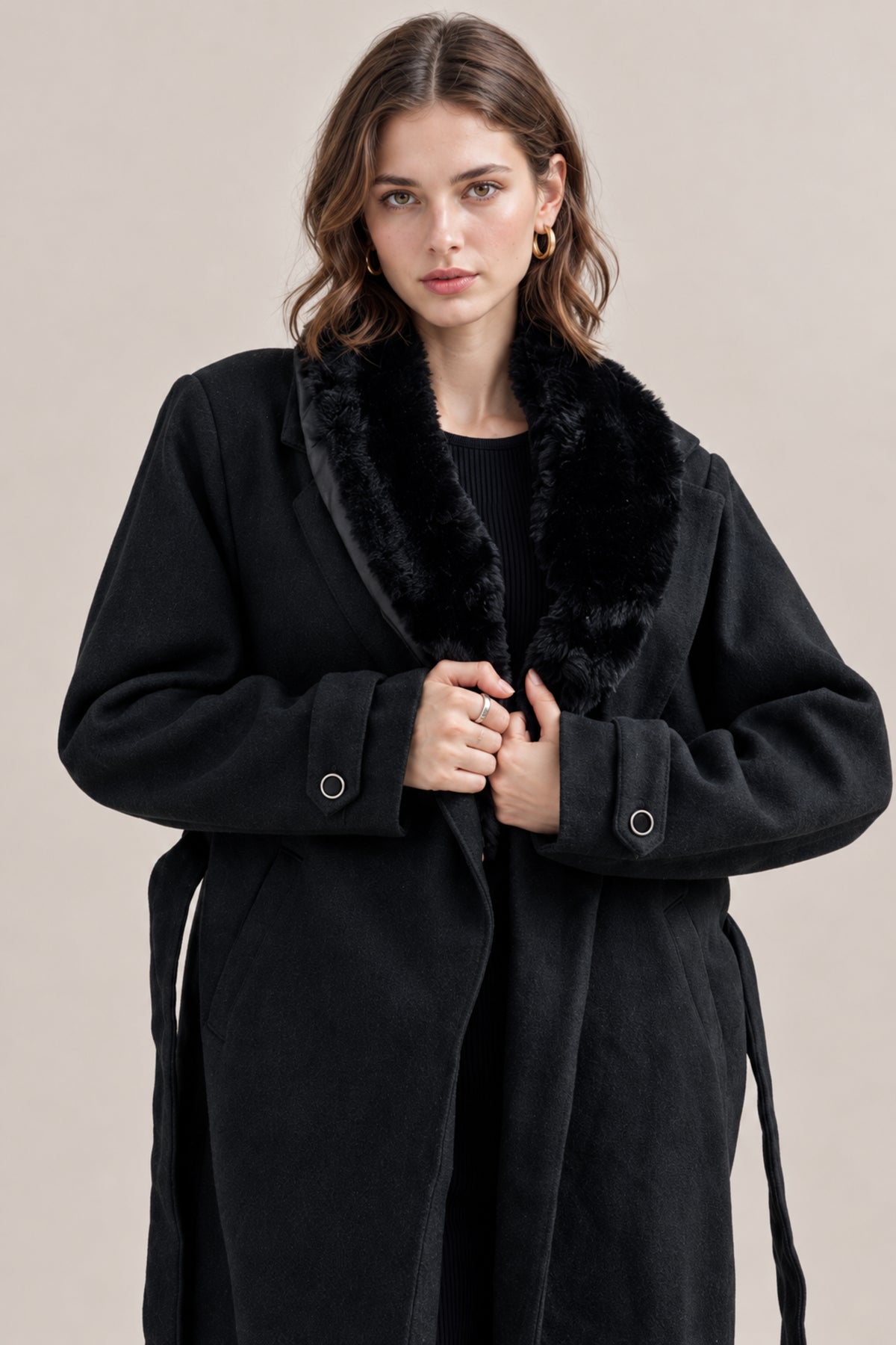 Ladies Fur Collar Long Coat