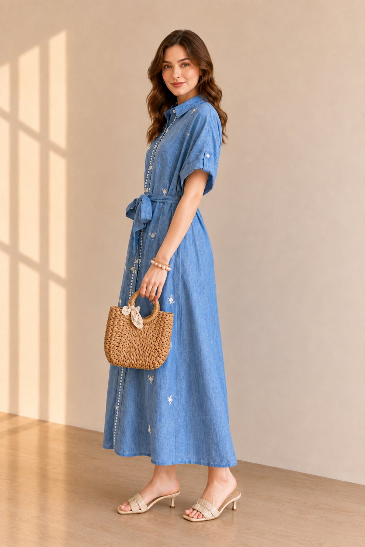 Embroidered Button Front Belted Maxi Shirt Dress