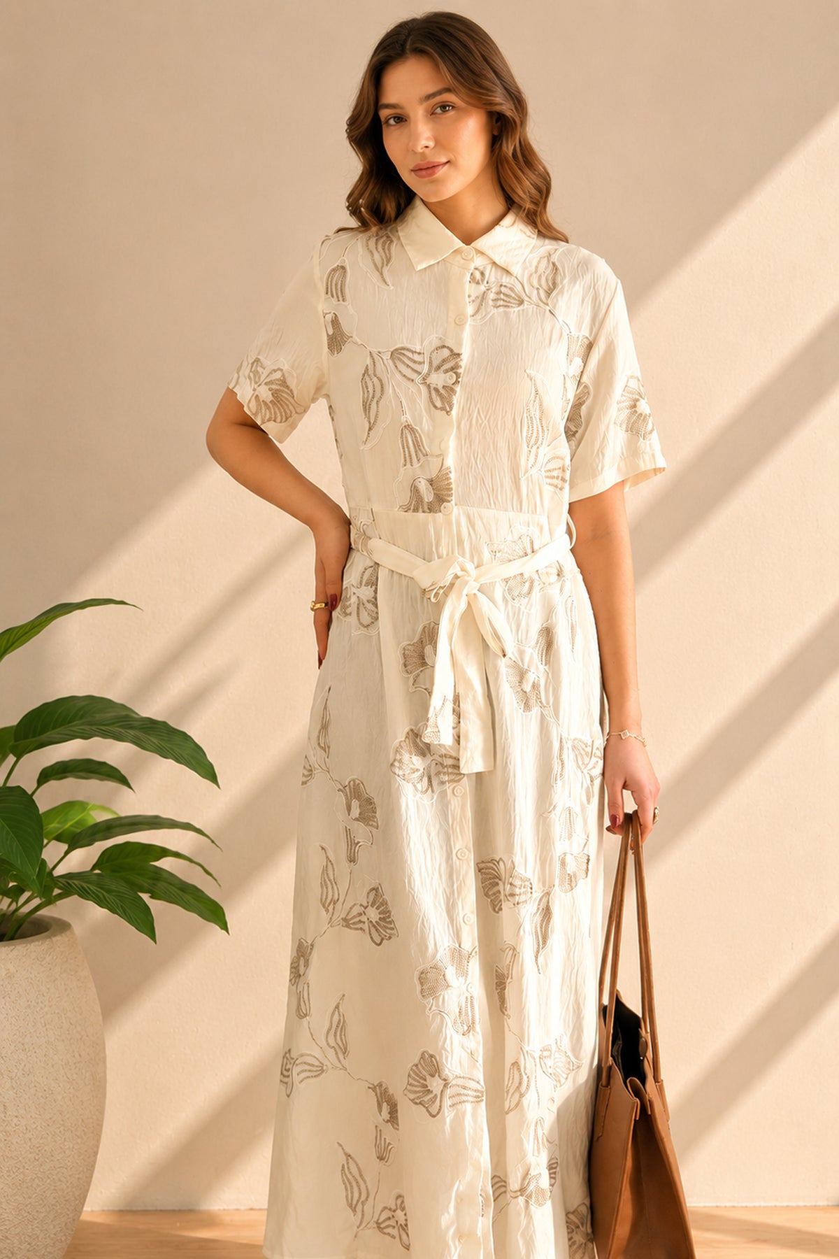 Embroidered Floral Button Front Belted Maxi Shirt Dress