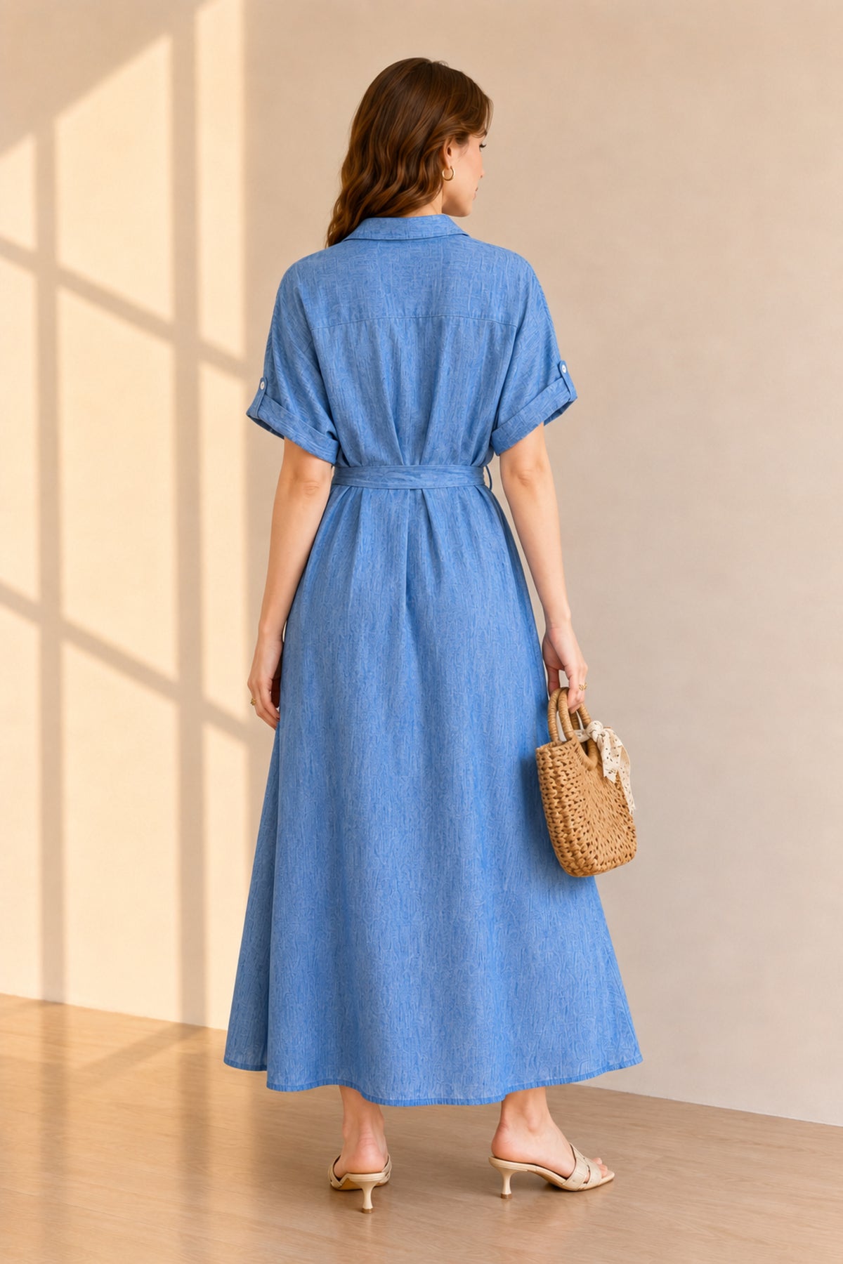 Embroidered Button Front Belted Maxi Shirt Dress