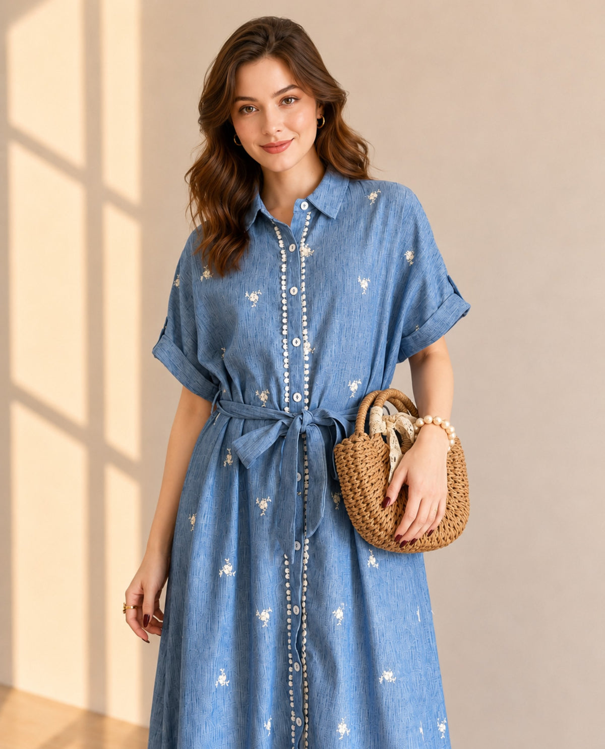 Embroidered Button Front Belted Maxi Shirt Dress