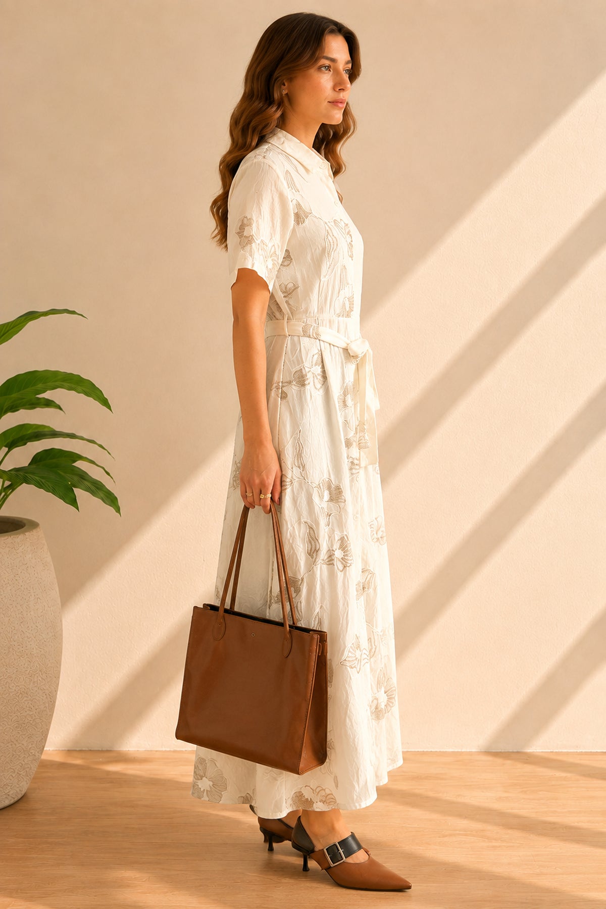 Embroidered Floral Button Front Belted Maxi Shirt Dress