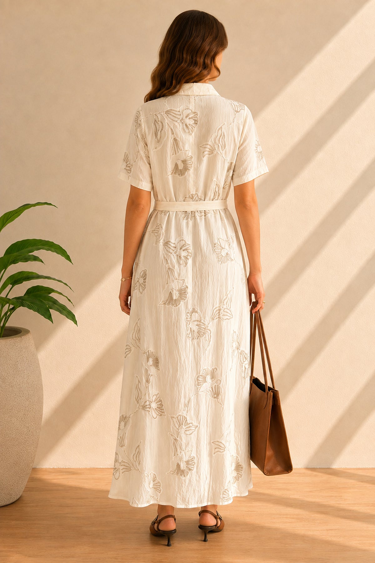 Embroidered Floral Button Front Belted Maxi Shirt Dress