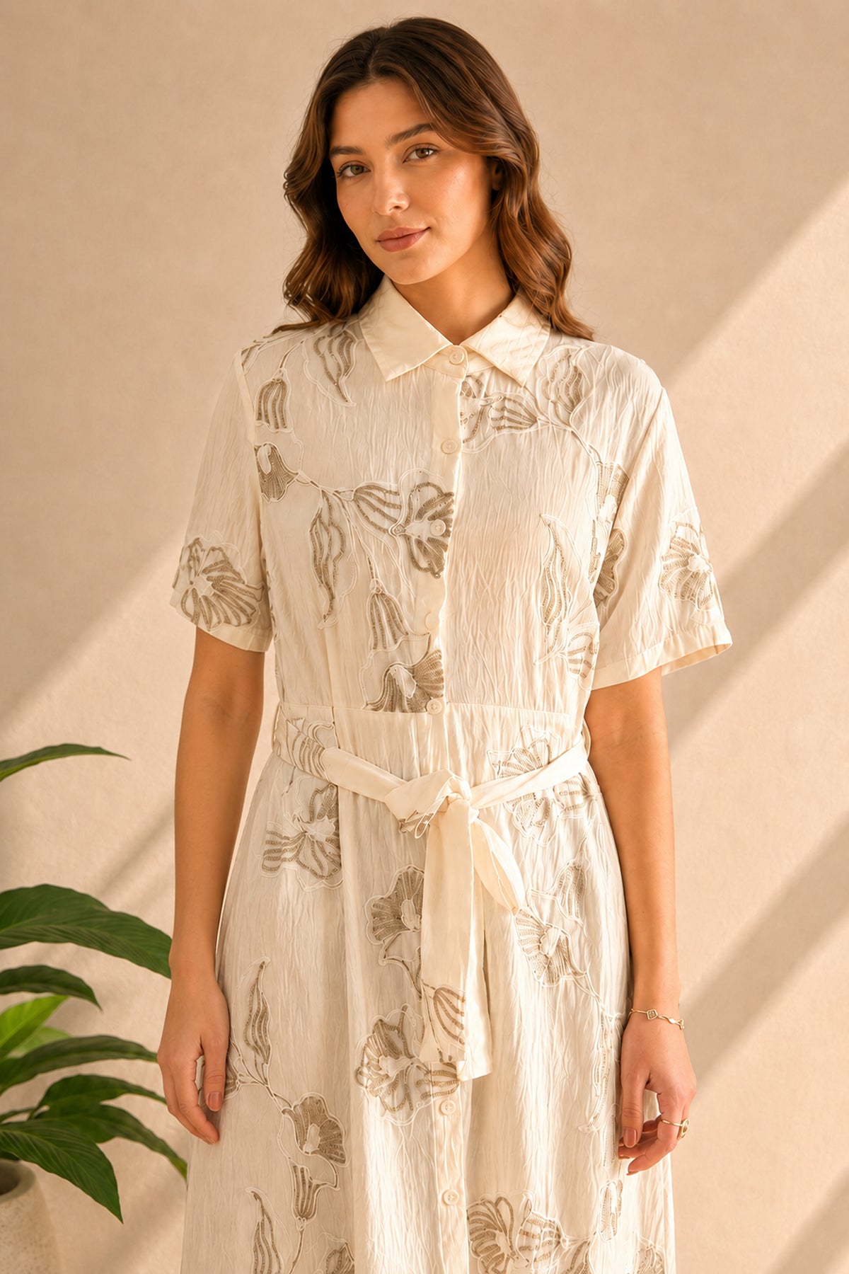 Embroidered Floral Button Front Belted Maxi Shirt Dress