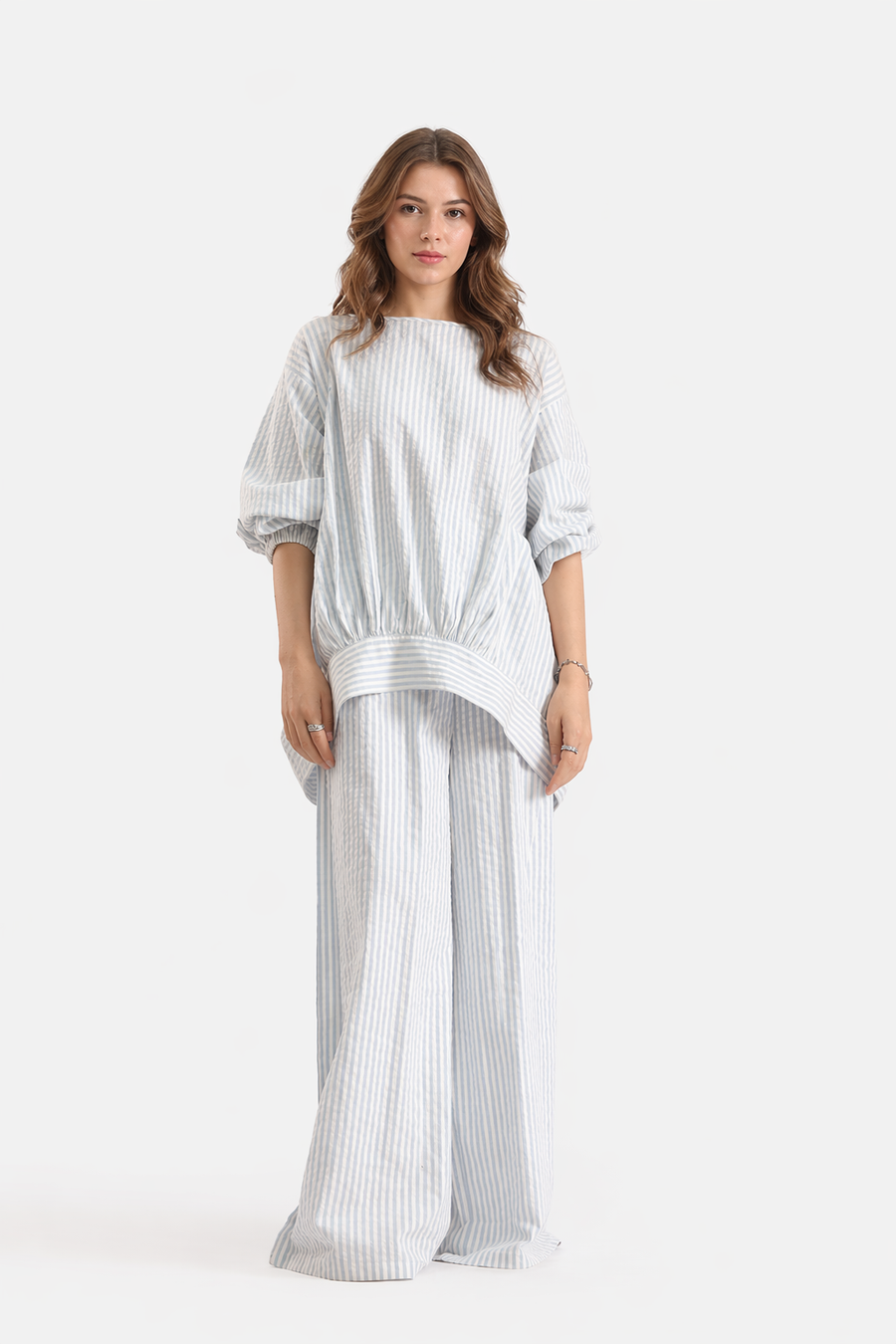 Stripe Cotton Drop Shoulder Top And Wide Leg Trouser Co-Ord