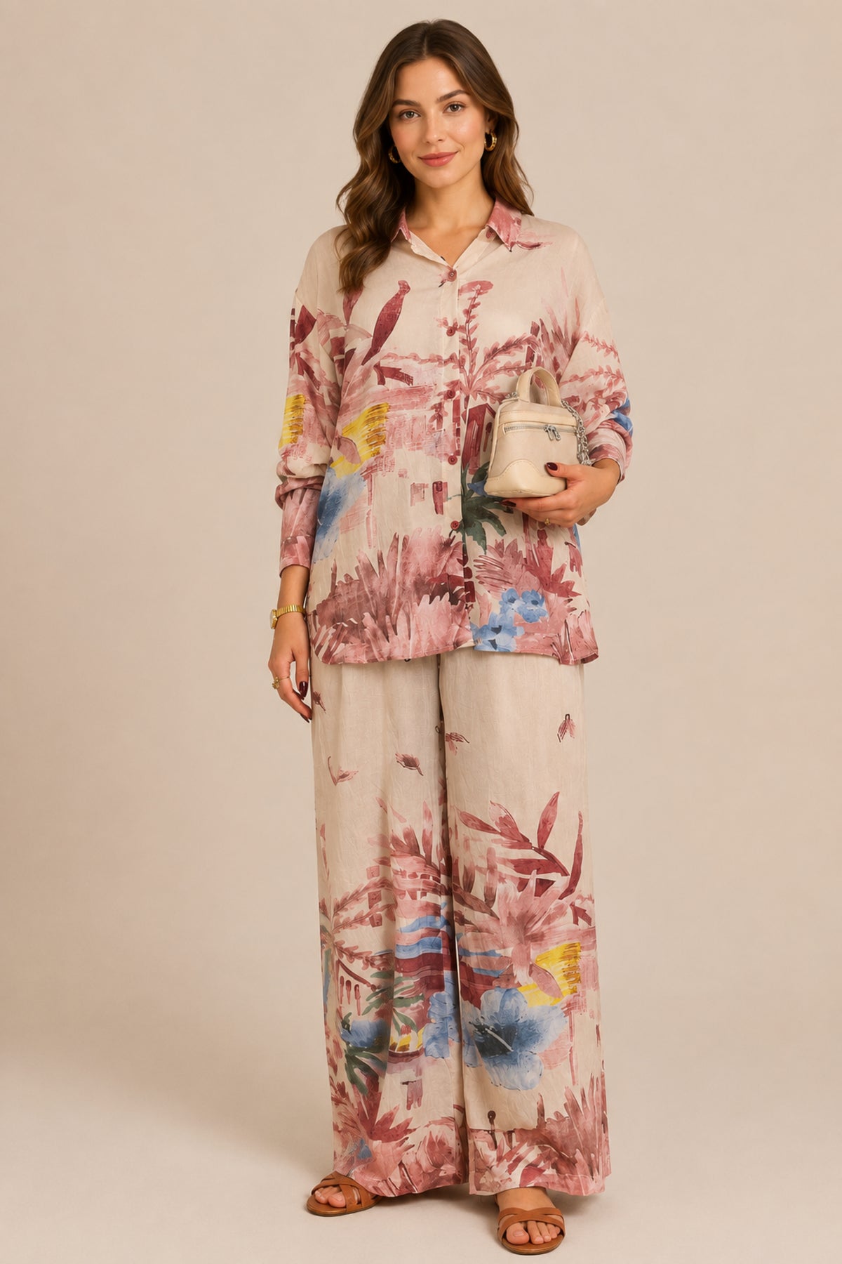 Abstract Floral Print Co-Ord Set Shirt & Wide Leg Trousers