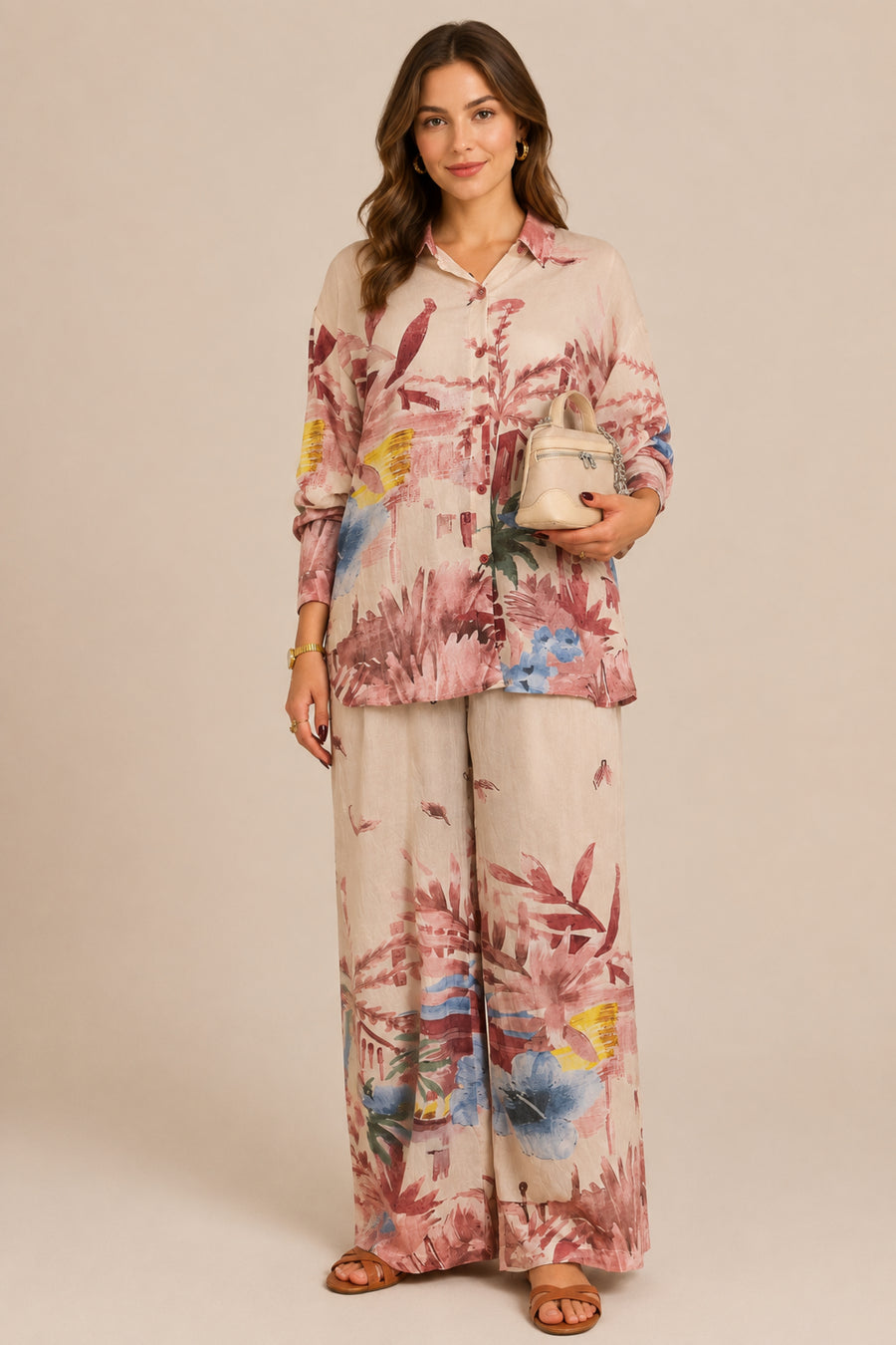 Abstract Floral Print Co-Ord Set Shirt & Wide Leg Trousers