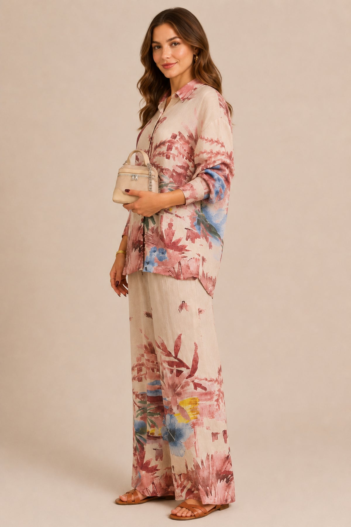 Abstract Floral Print Co-Ord Set Shirt & Wide Leg Trousers