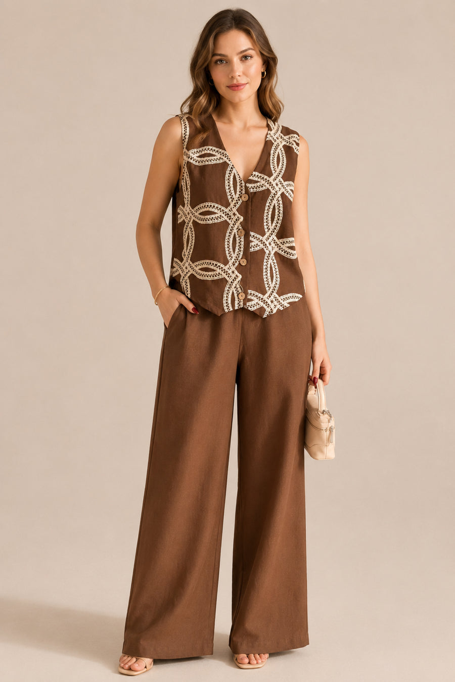 Embroidered Button Front Waistcoat & Wide Leg Trouser Co-ord Set